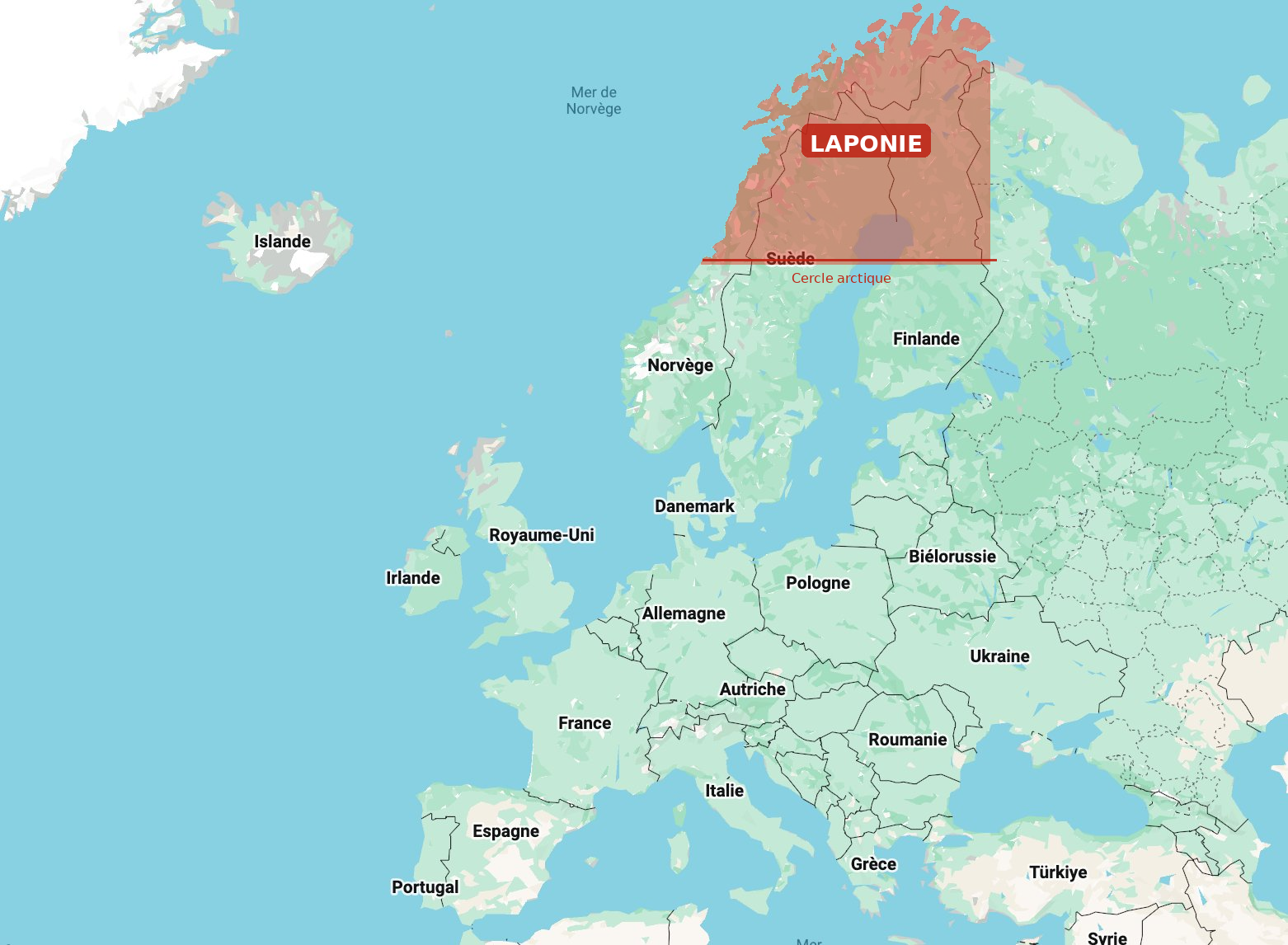 Carte de l'Europe montrant la localisation de la Laponie au nord de la Scandinavie, à cheval sur la Norvège, la Suède, la Finlande et la Russie